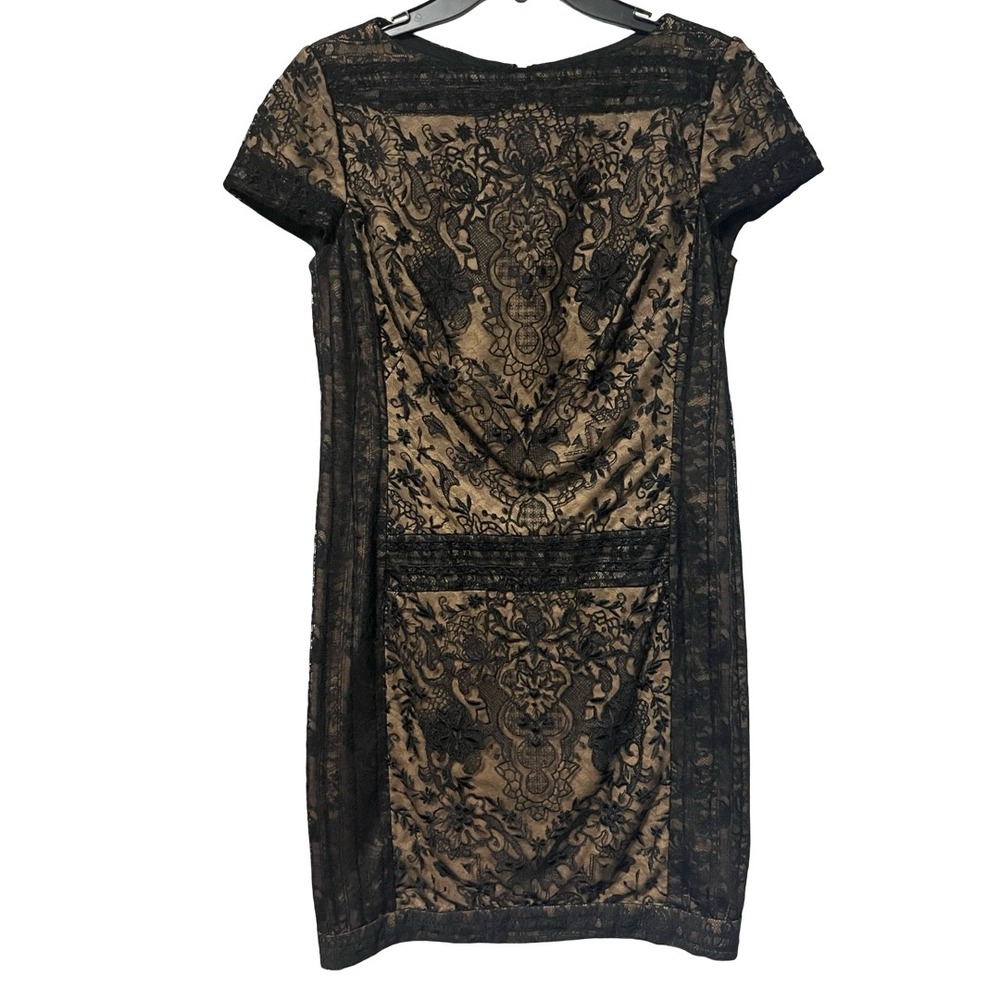 Tadashi Shoji Black Tan Floral Lace Overlay Sheath Dress Short Sleeve Size 8